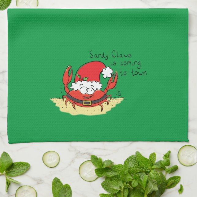 Cute Crab Christmas Funny Holiday Santa Cartoon Tea Towel (Folded)