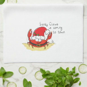 Cute Crab Christmas Funny Holiday Santa Cartoon Tea Towel