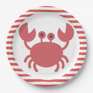 Cute Crab - Red & White Stripes Paper Plate