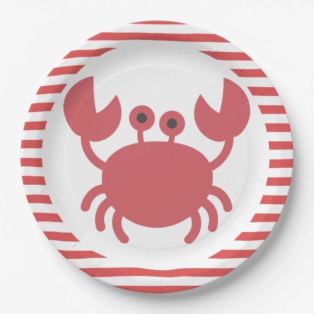 Cute Crab - Red & White Stripes Paper Plate (Front)