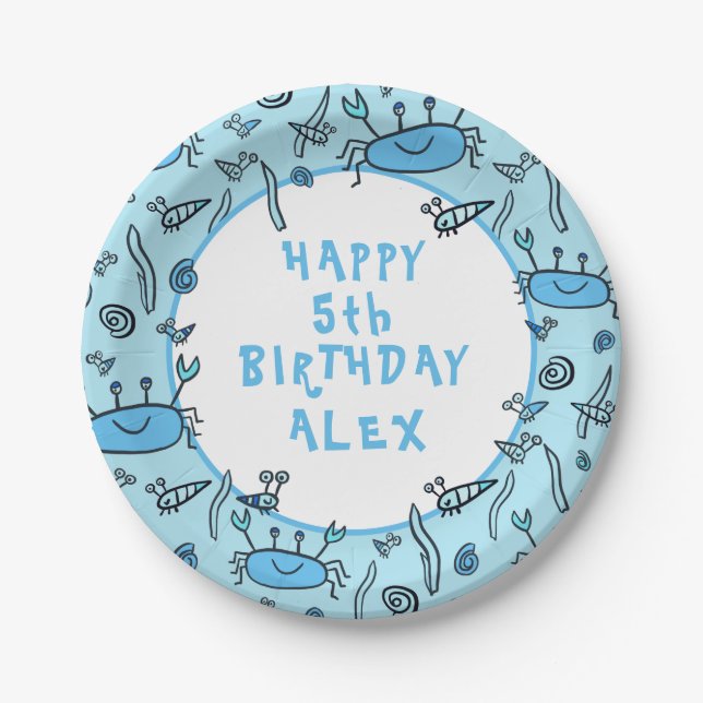 Cute Crab Sea Animals Boy Happy Birthday  Paper Plate (Front)