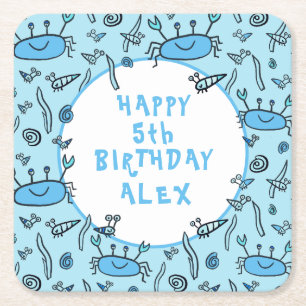 Cute Crab Sea Animals Boy Happy Birthday Square Paper Coaster