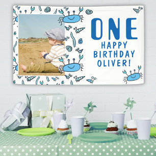 Cute Crab Sea Animals Shell Boy Photo 1st Birthday Banner