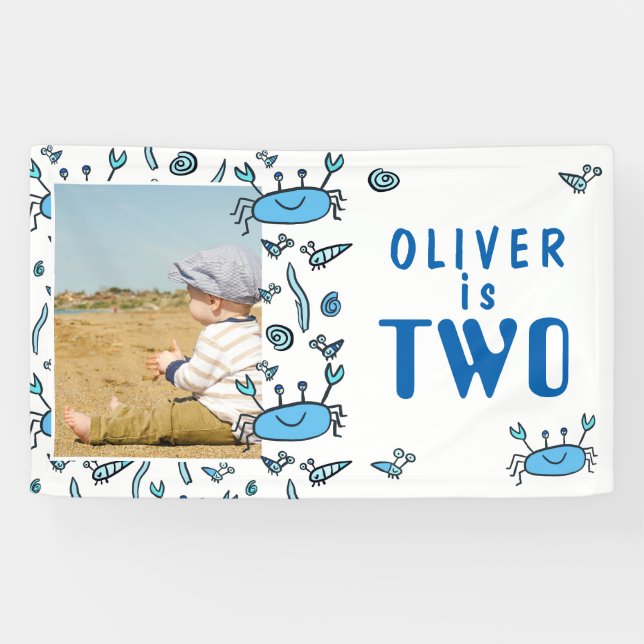 Cute Crab Sea Animals Shell Boy Photo 2nd Birthday Banner (Horizontal)