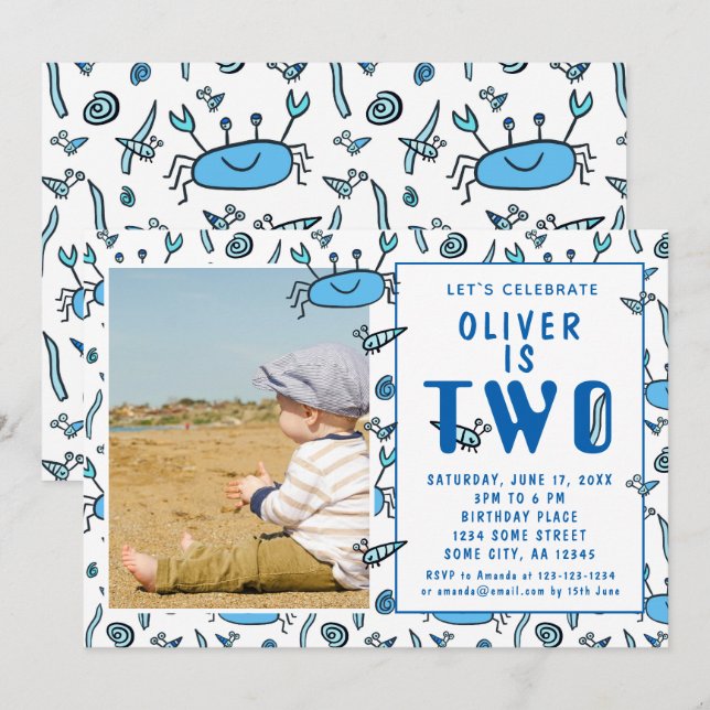 Cute Crab Sea Animals Shell Boy Photo 2nd Birthday Invitation (Front/Back)