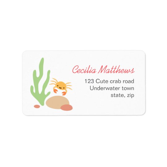 Cute crab seaweed and rocks sea underwater cartoon address label