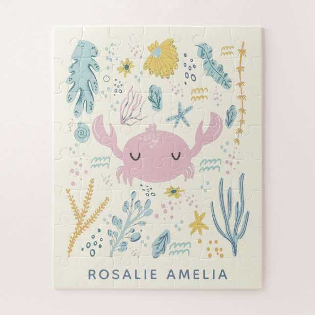 Cute Crab Underwater Shells Pastel Custom Name Jigsaw Puzzle (Vertical)