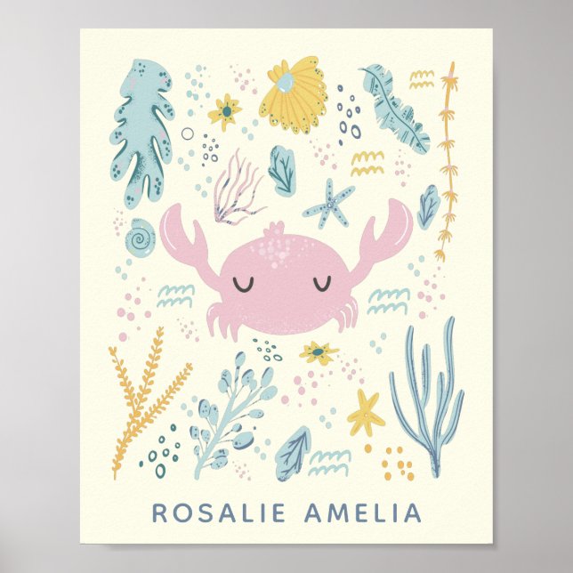 Cute Crab Underwater Shells Pastel Custom Name Poster (Front)