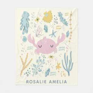 Cute Crab Underwater Shells Pastels Custom Name Fleece Blanket
