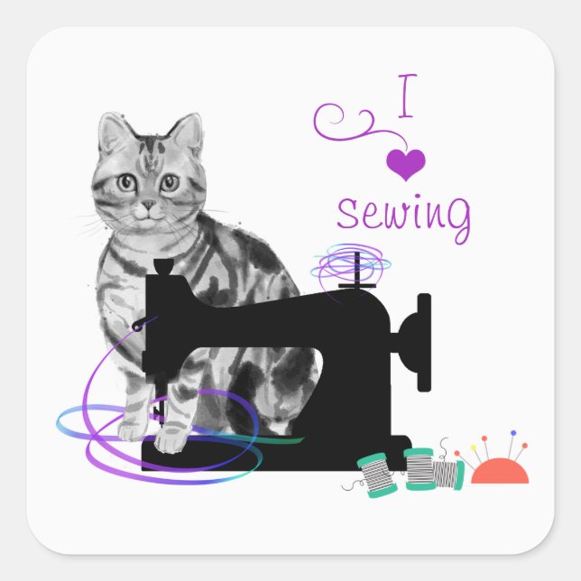 Cute Crafting Cat with Sewing Machine and Ribbon Square Sticker (Front)