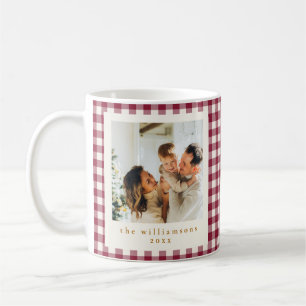 Cute Cranberry Red Gingham Custom Photo Christmas Coffee Mug