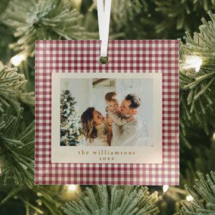 Cute Cranberry Red Gingham Custom Photo Christmas Glass Tree Decoration