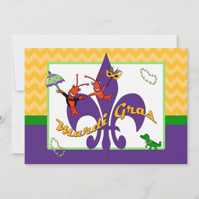Cute Crawfish Fleur de Lis Mardi Gras Invitation (Front)