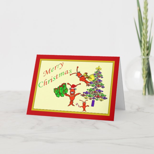Cute Crawfish Lobster FLeur de Lis Tree Xmas Holiday Card (Front)