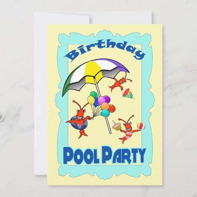 Cute Crawfish Lobster Pool Party Child Blue Invitation (Front)