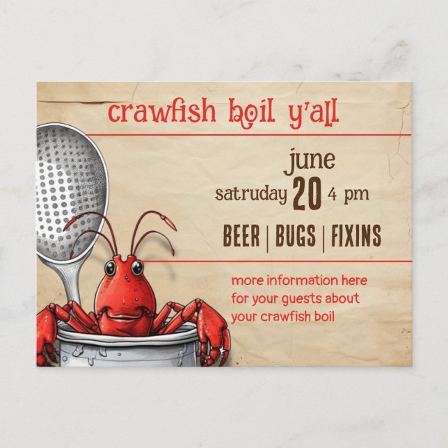 Cute Crawfish with Silver Pot and Slotted Spoon Invitation Postcard (Front)