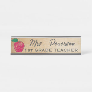 Cute Crayon Apple Personalised Wooden Teacher  Desk Name Plate