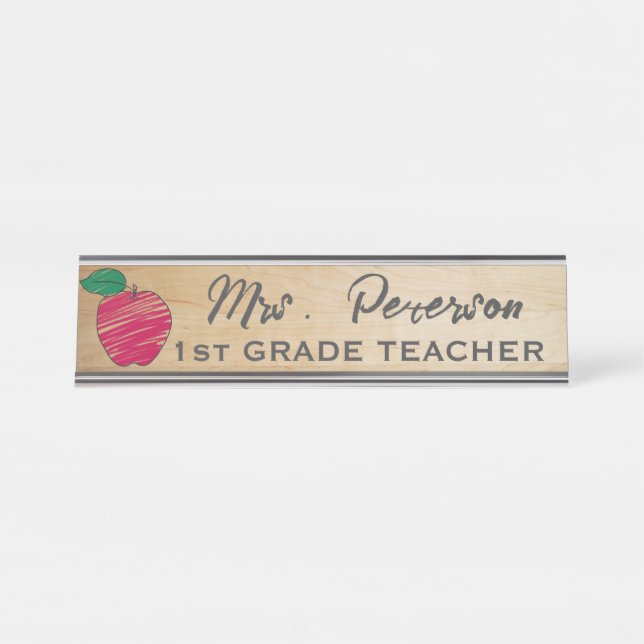 Cute Crayon Apple Personalised Wooden Teacher  Desk Name Plate (Front)