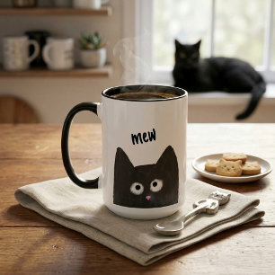 Cute Crayon Drawing Black Cat Mew Whimsical Mug