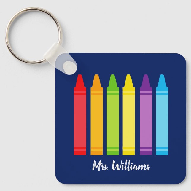 Cute Crayon Elementary School Teacher Personalised Key Ring (Front)