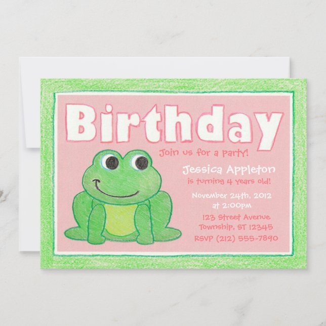 Cute Crayon Frog Little Girl's Birthday Invitation (Front)