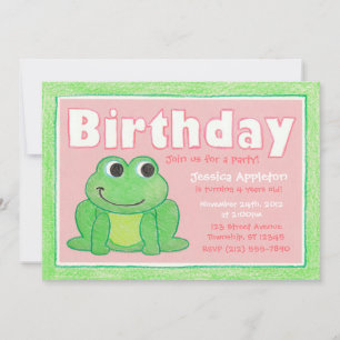 Cute Crayon Frog Little Girl's Birthday Invitation