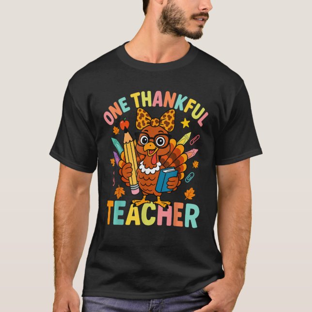Cute Crayon Pencil One Thankful Teacher Thanksgivi T-Shirt (Front)