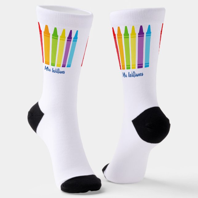 Cute Crayon Personalised Kindergarten Teacher Socks (Angled)