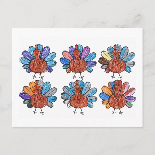 Cute Crayon Turkeys Kids Art Postcard (Front)