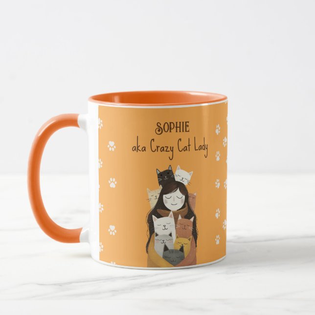 Cute Crazy Cat Lady Illustration with Name Funny Mug (Left)