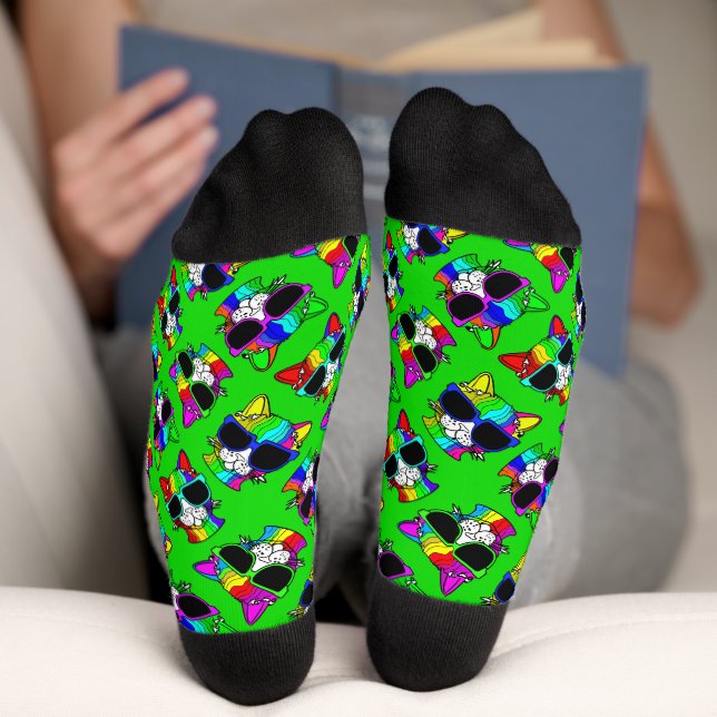 CUTE Crazy Colourful Cool Rainbow Cats on Green Socks (Bottom)