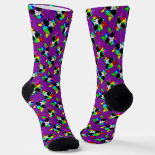 CUTE Crazy Colourful Cool Rainbow Cats on Purple  Socks