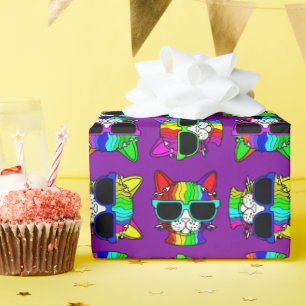 CUTE Crazy Colourful Cool Rainbow Cats on Purple   Wrapping Paper