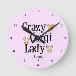 Cute Crazy Corgi Lady Personalised Pink Round Clock