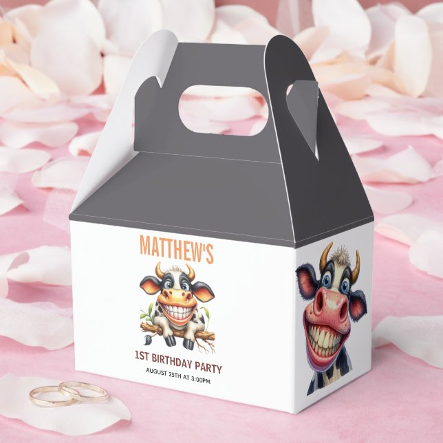 Cute Crazy Cow Farm Theme 1st Birthday Favour Box (Wedding)