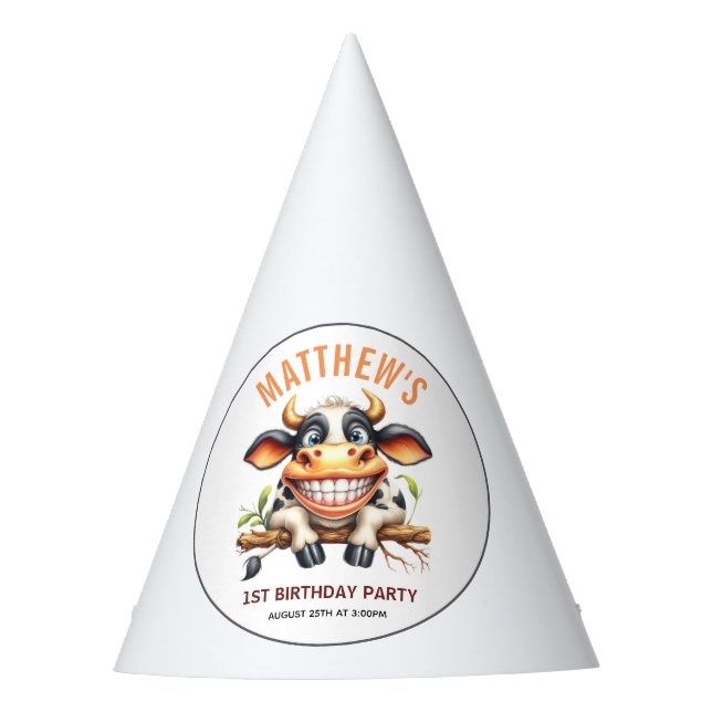 Cute Crazy Cow Farm Theme 1st Birthday Party Hat (Front)
