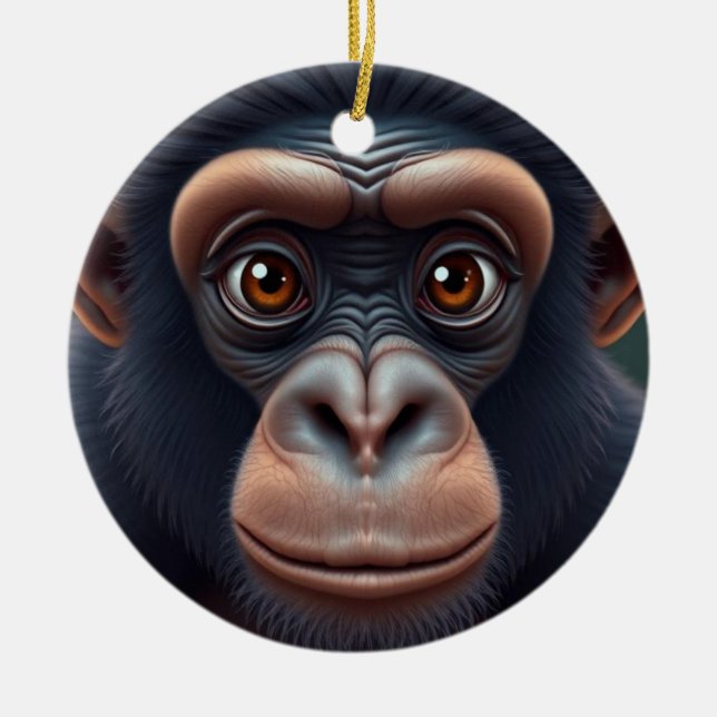 Cute Crazy Funny Chimpanzee Anime Portrait Ceramic Tree Decoration (Front)