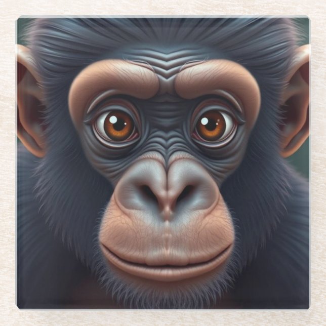 Cute Crazy Funny Chimpanzee Anime Portrait Glass Coaster (Front)