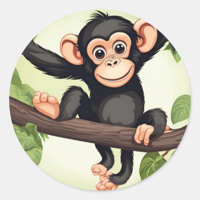 Cute Crazy Funny Chimpanzee Cartoon Classic Round Sticker (Front)
