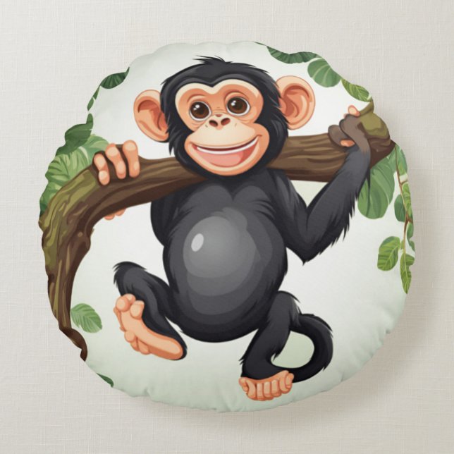 Cute Crazy Funny Chimpanzee Cartoon Round Cushion (Front)