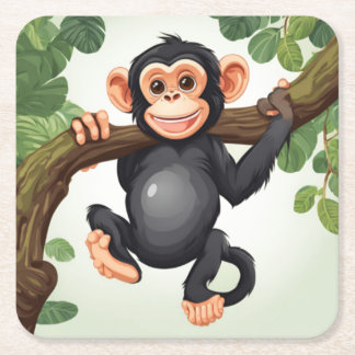 Cute Crazy Funny Chimpanzee Cartoon Square Paper Coaster
