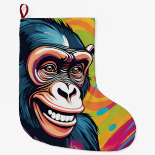 Cute Crazy Funny Chimpanzee  Large Christmas Stocking