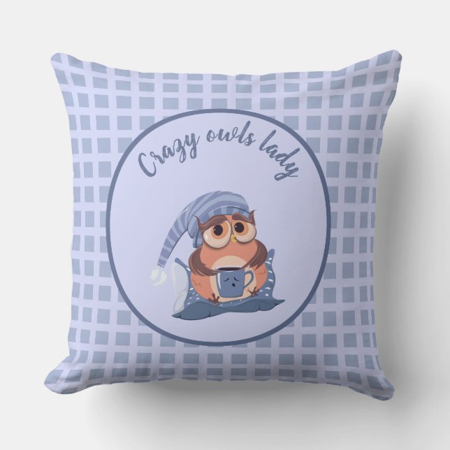 Cute Crazy Lady Blue Grey Baby Owl Cap Cushion (Front)