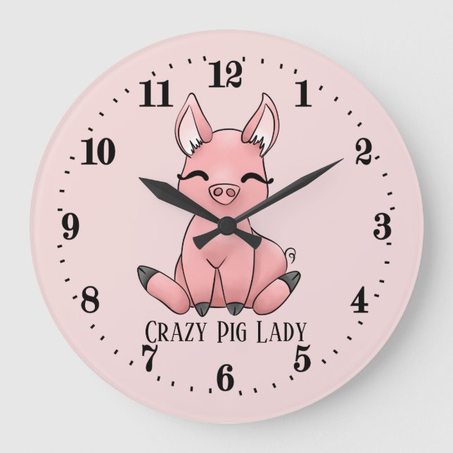 cute crazy pig lady add text Country Large Clock (Front)