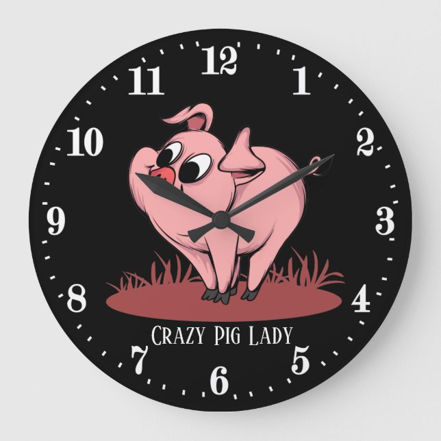 cute crazy pig lady add text  large clock (Front)