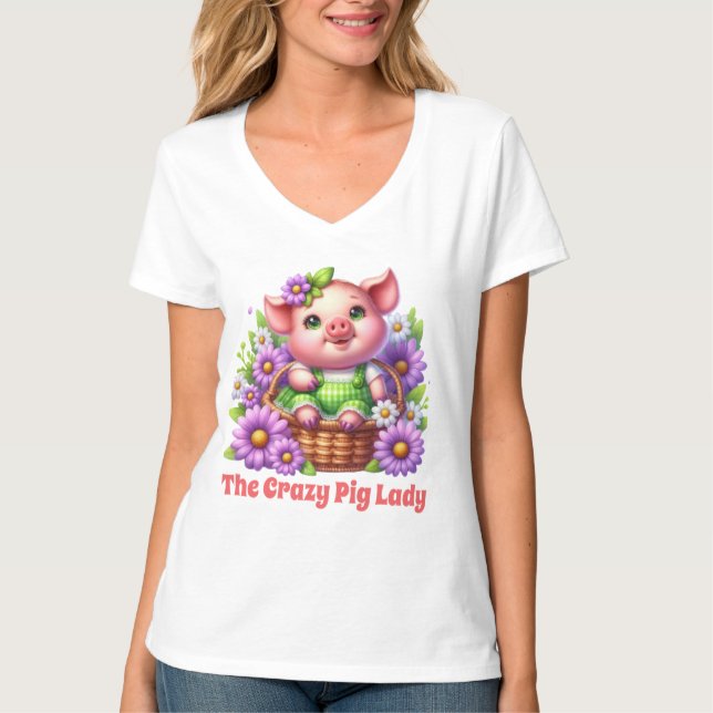 Cute crazy pig lady add text  T-Shirt (Front)