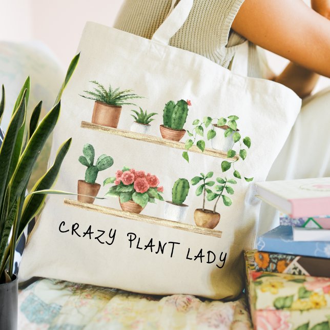 Cute Crazy Plant Lady Watercolor Potted Plants Tote Bag (Creator Uploaded)