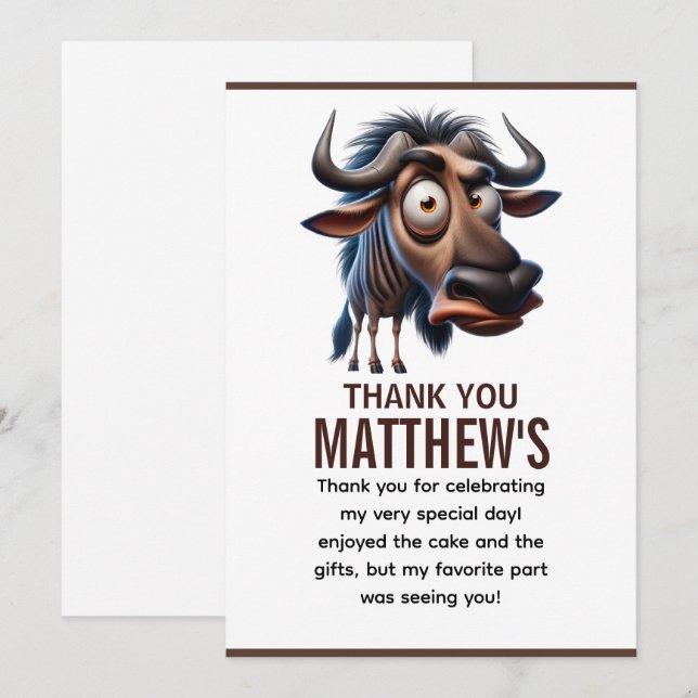 Cute Crazy Wildebeest Farm Theme 1st Birthday Thank You Card (Front/Back)