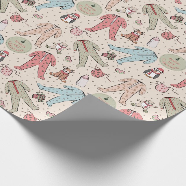 Cute Cream Baby's First Christmas Personalised Wrapping Paper (Corner)