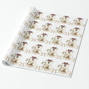 Cute Cream Bear with Candy Cane/Holly Wrapping Paper